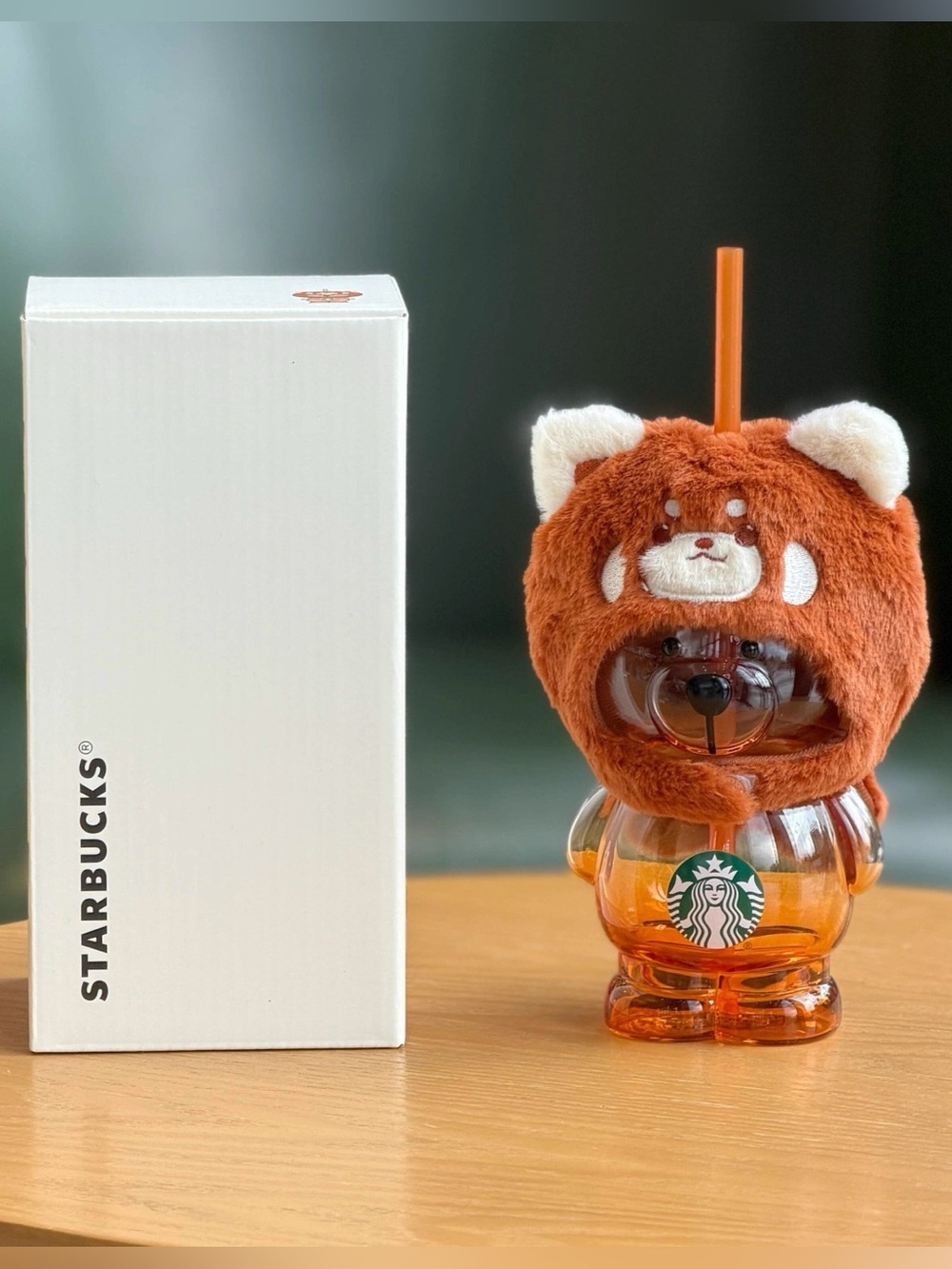Starbucks Glass Bear with Red Panda Hat and Straw